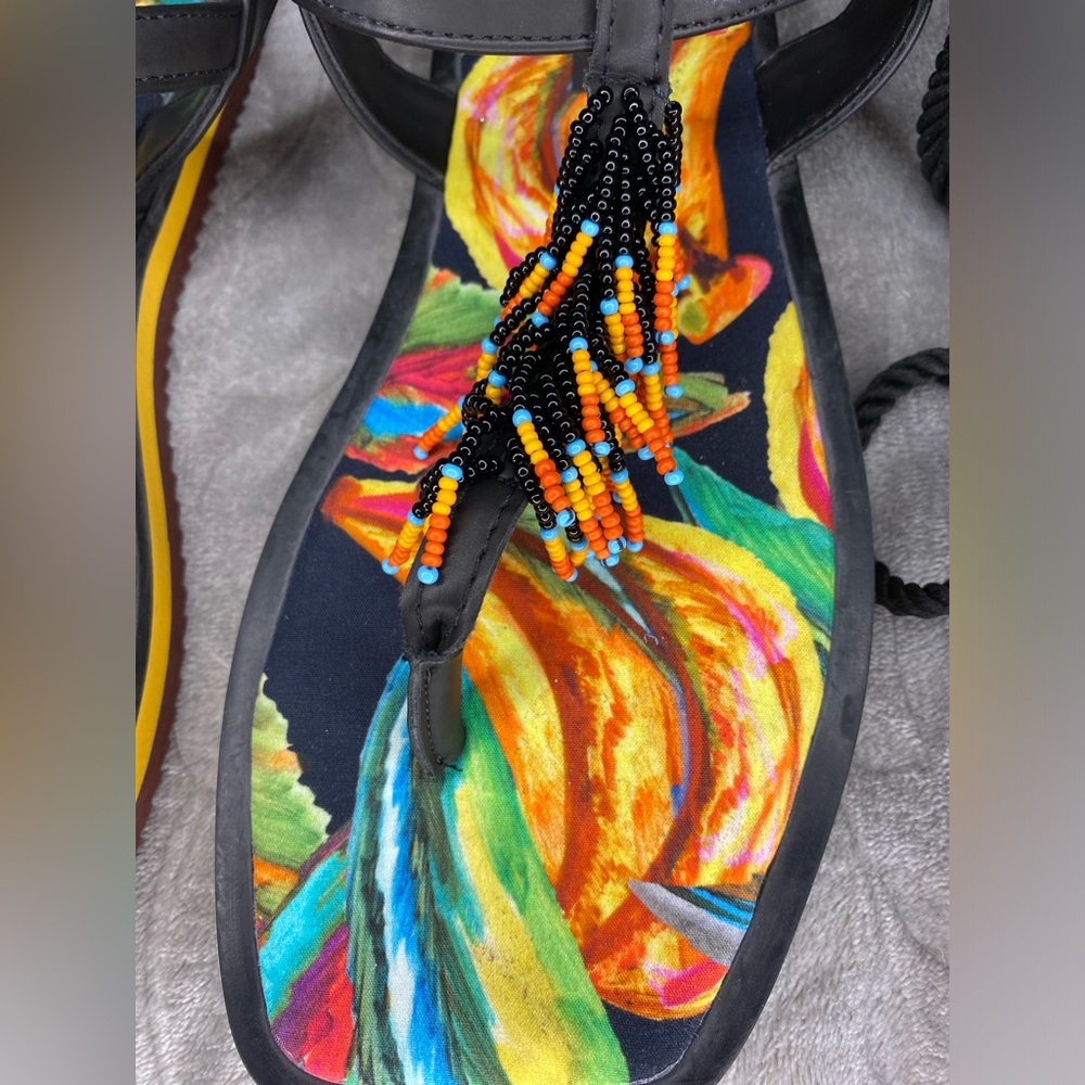 NWT Farm Rio Black Banana Beaded Flat Sandal 8 - Picture 2 of 7